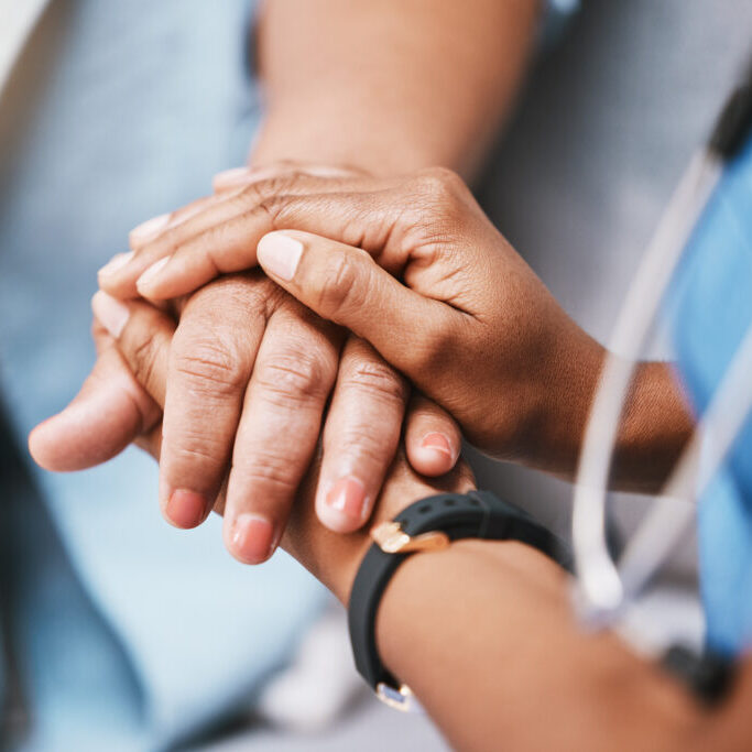 Empathy, trust and nurse holding hands with patient for help, consulting support and healthcare advice. Kindness, counseling and medical therapy in nursing home for hope, consultation and psychology.